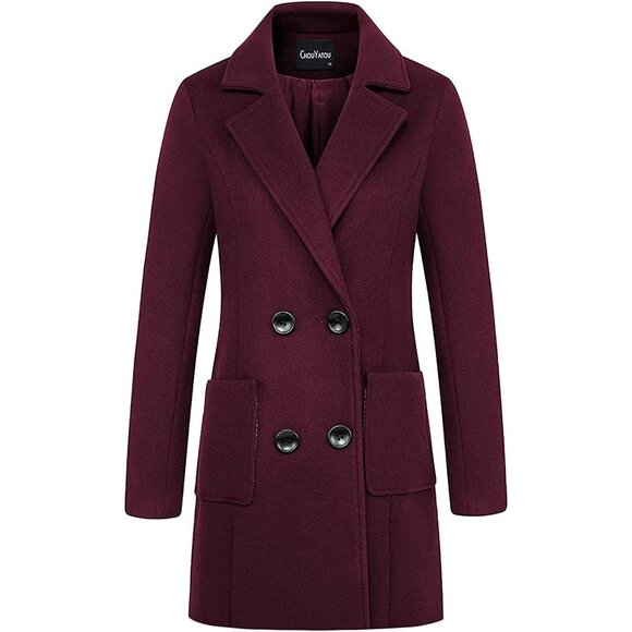 Women's Elegant Notched Collar Double Breasted Wool Blend Over Coat Wine Red - Picture 2 of 4